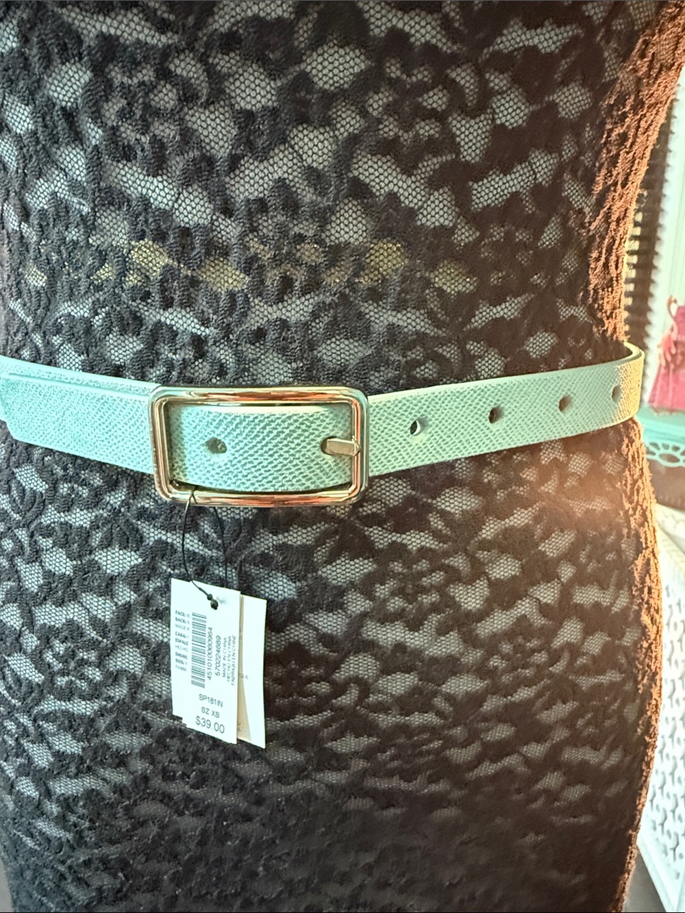 Women's Mint /aqua Textured /patent reversible Leather Belt with Gold Buckle
